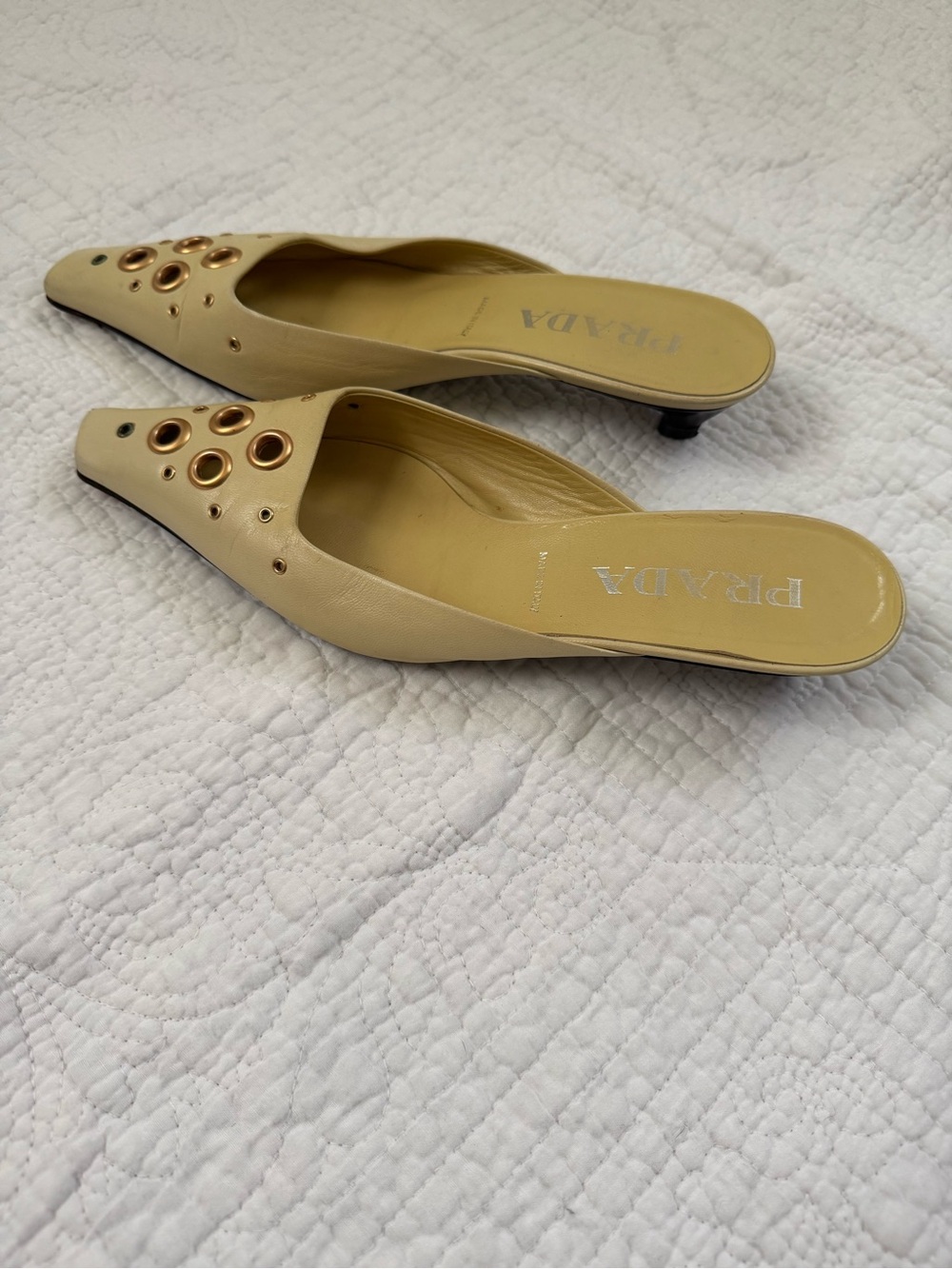 Prada Leather Yellow Low-Heel Mules with Gold Eyelet Accents, Size 37.5/US 7.5 - Picture 3 of 12